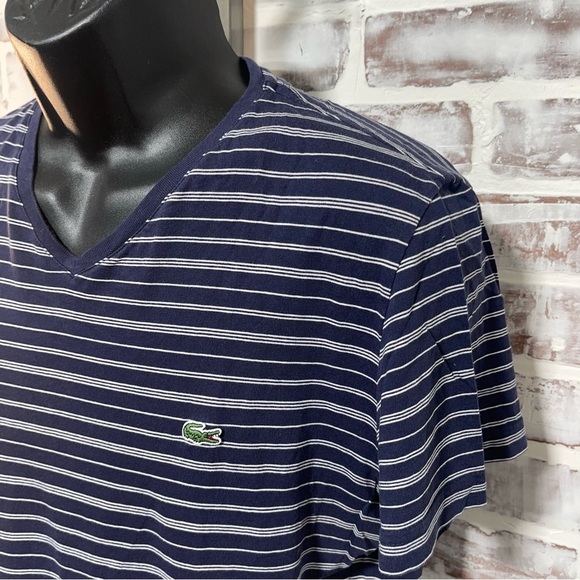 Lacoste Men's Navy Striped V-Neck Shirt medium - Picture 2 of 8